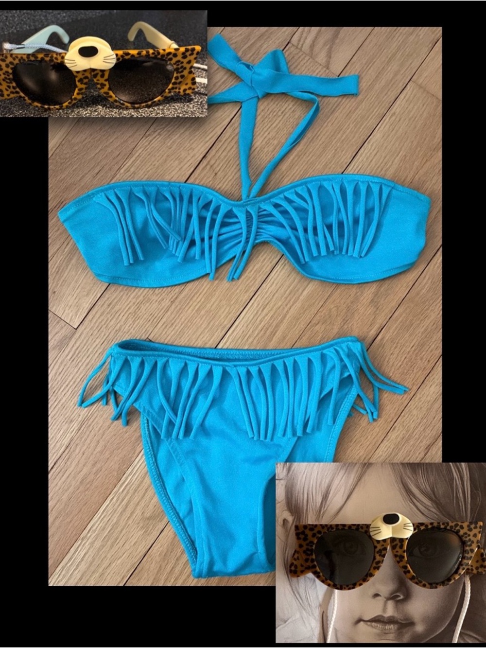 Vintage Toddler Fringed Bikini, Turquoise + Folding Kitty Sunglasses Set, 4T